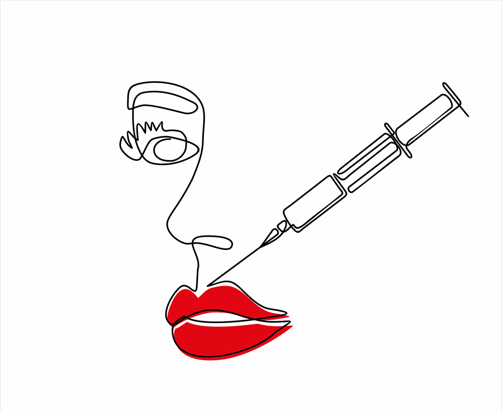 A continuous line drawing of a woman getting a botox injection in her lips.