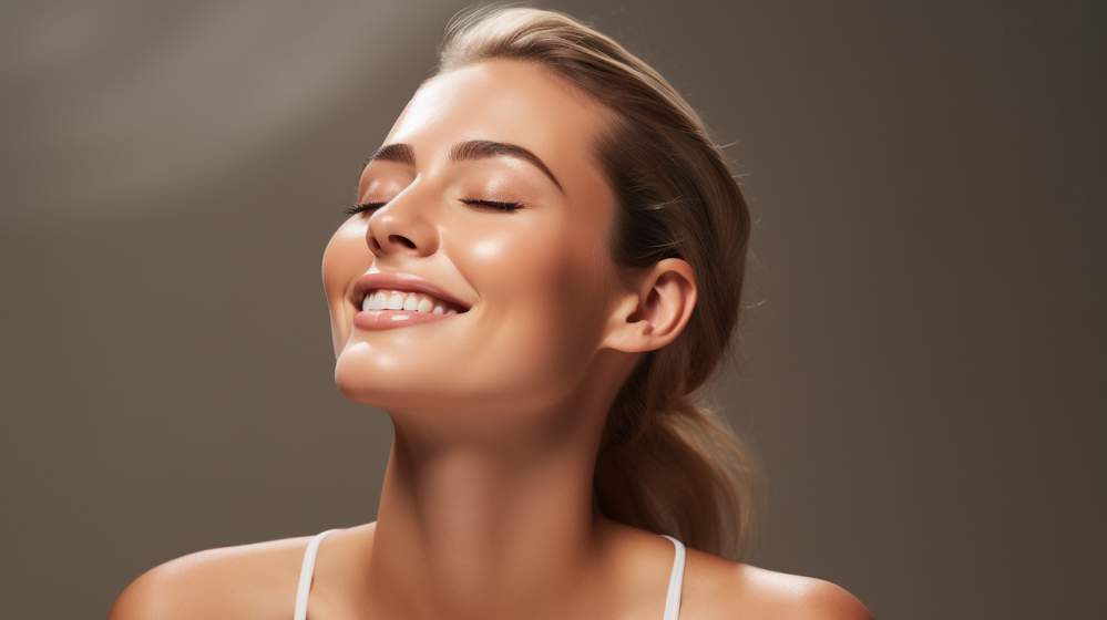 A woman is smiling with her eyes closed and her hair in a ponytail.