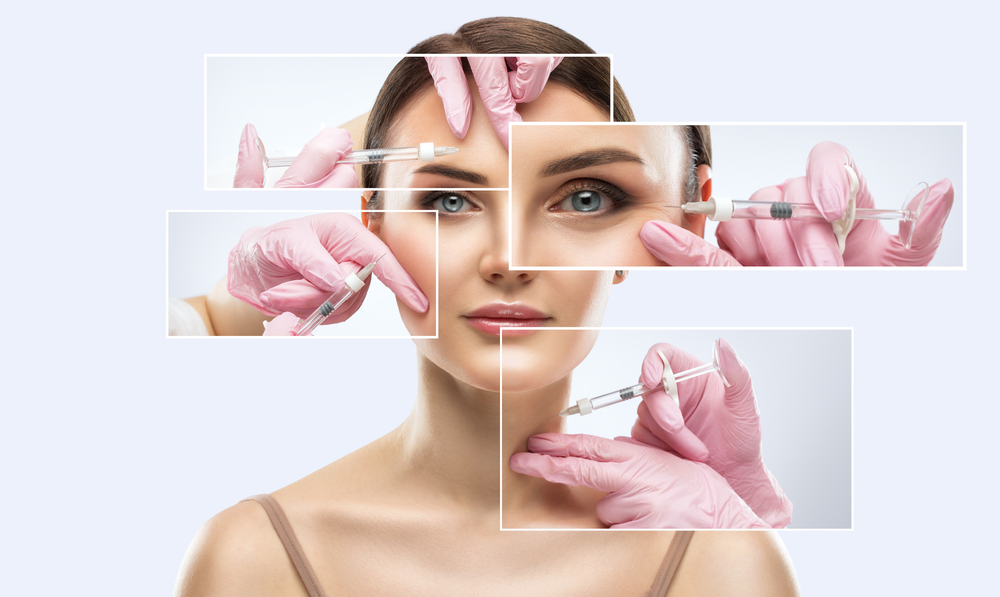 A woman is getting a botox injection in her face.