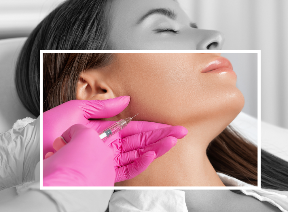 A woman is getting a botox injection in her neck.