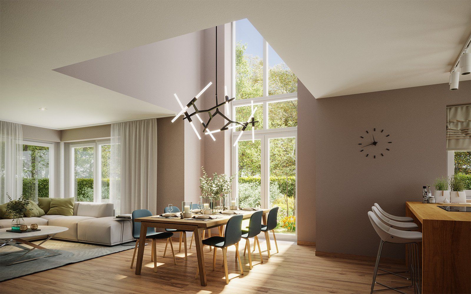 3D Visualisierung des Esszimmers von build, mit Blick auf den Garten.
