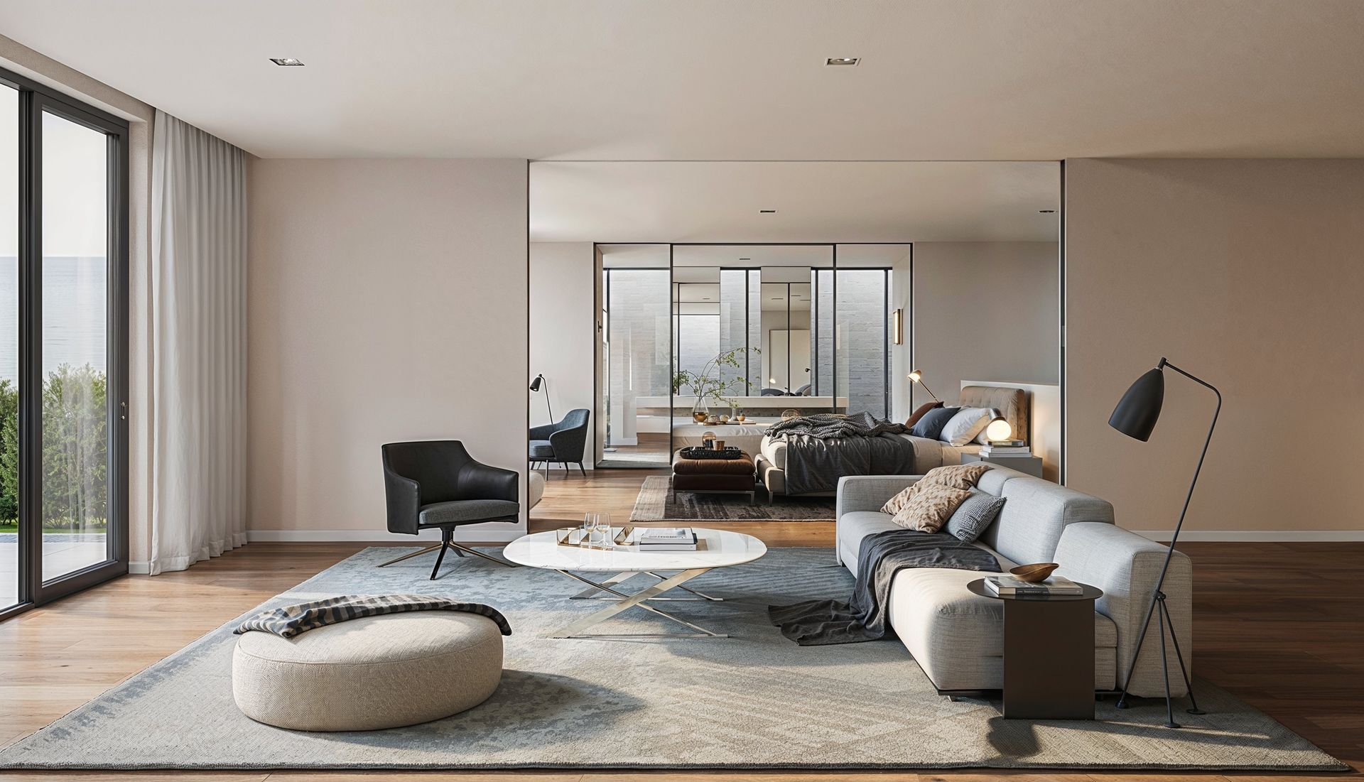 Hochwertige 3D Visualisierung eines offenen Wohnbereichs einer außergewöhnlichen Wohnung in Küstennähe