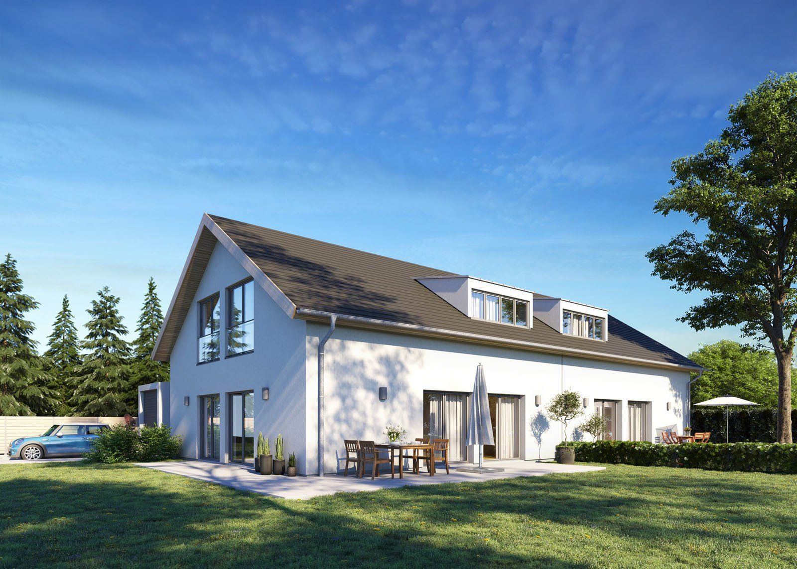 3D Immobilien: Doppelhaus visualisiert mit großzügigen, grünen Garten.