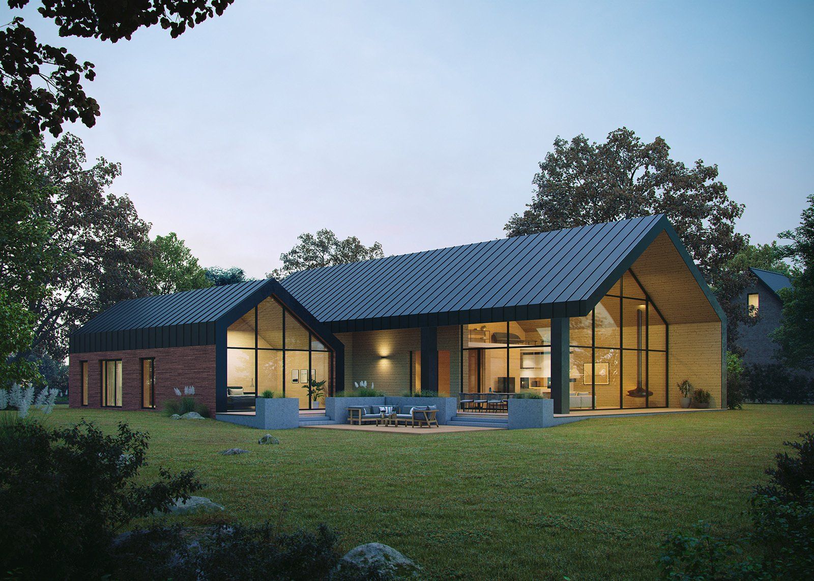 3D Architektur Visualisierung eines Designeinfamilienhauses bei Dämmerung mit realistischen Lichteffekten.