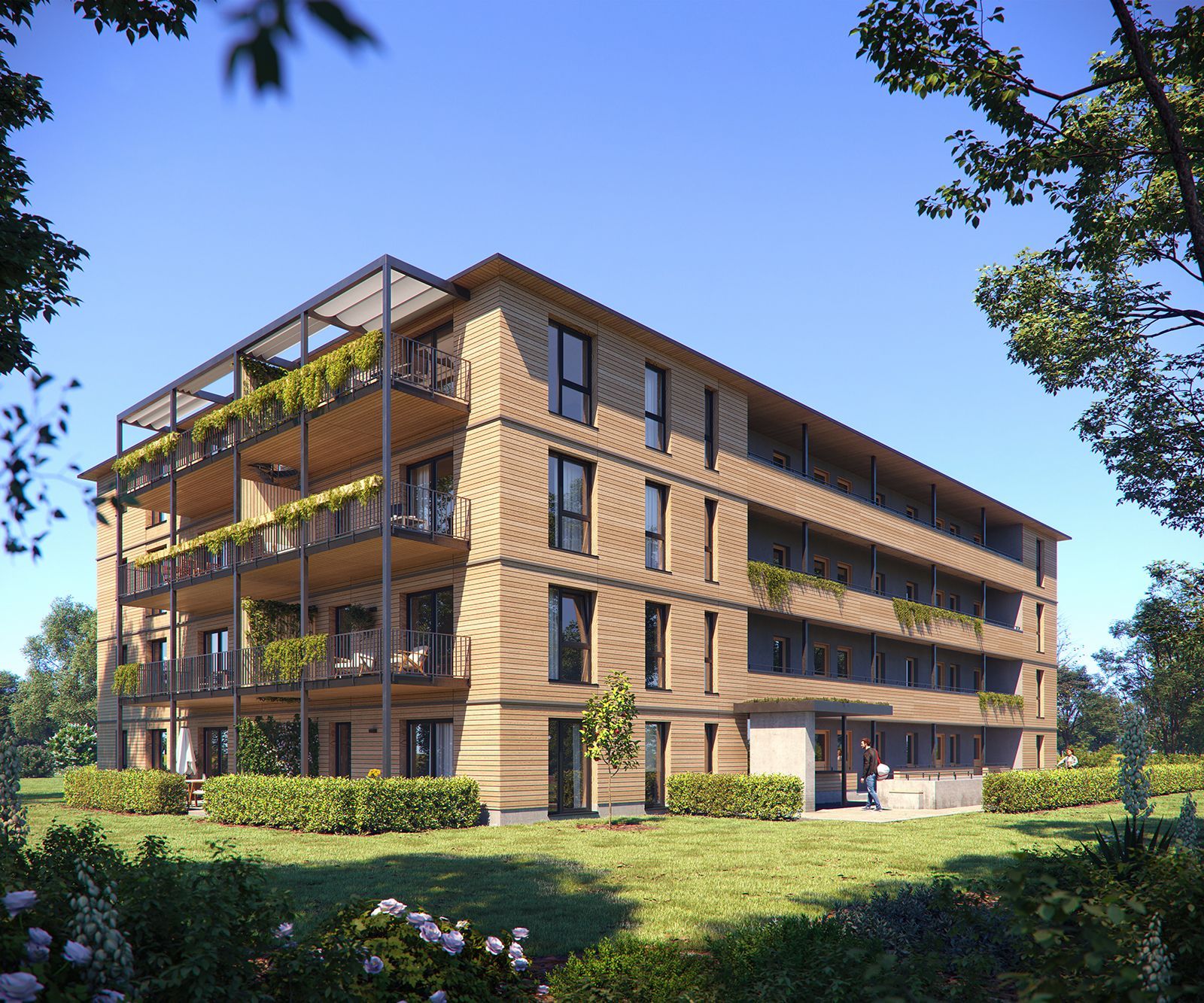 Architektur Visualisierung in 3D eines Mehrfamilienhauses in Bremen in Holzbauweise