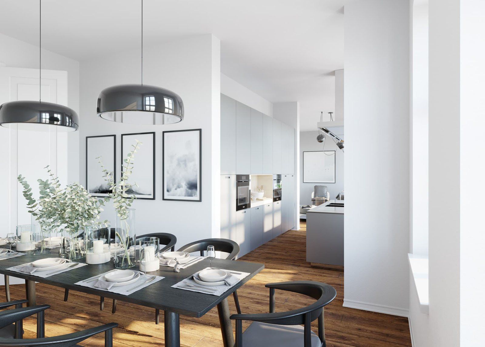 3D Immobilien: Innenarchitektur des Essbereichs mit realistischem Lichtverhältnisse.