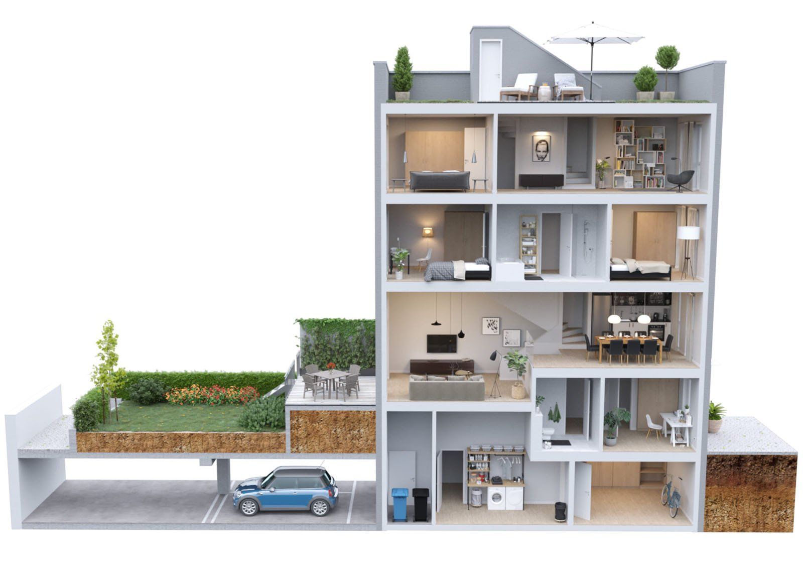 High End 3D Innenarchitektur Visualisierung des Wohnbereichs mit Glasfassade.
