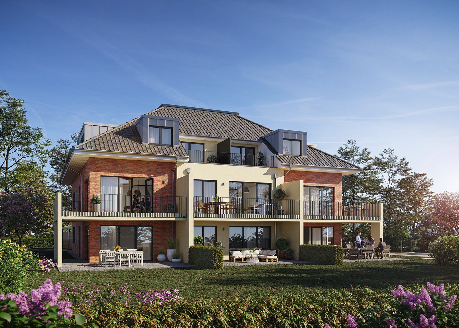 Architekturvisualisierung eines Pflegeheims mit Garten und Balkon.