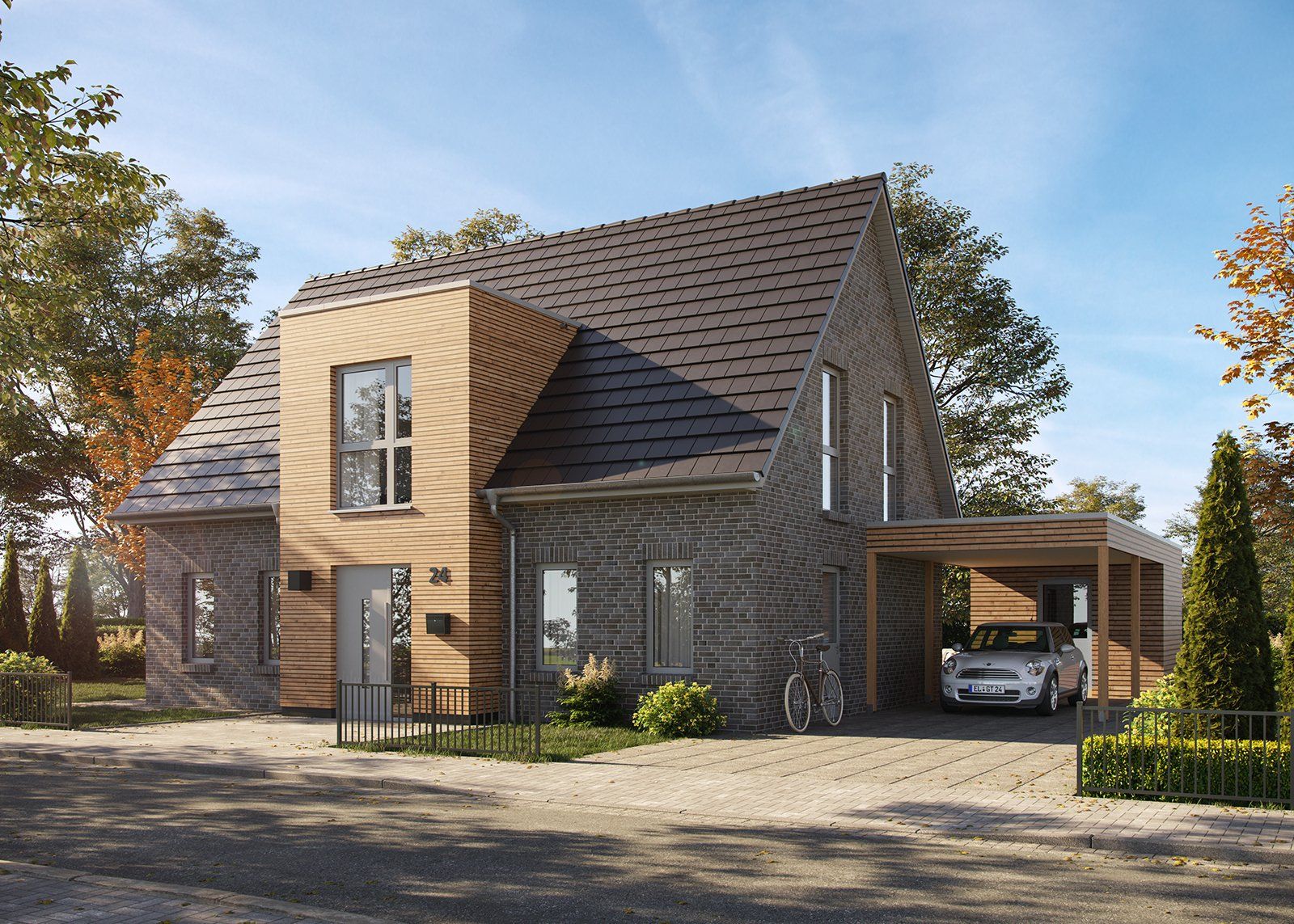 3D Architekturvisualisierung einer Stadtvilla, mit Carport und Stellplatz.