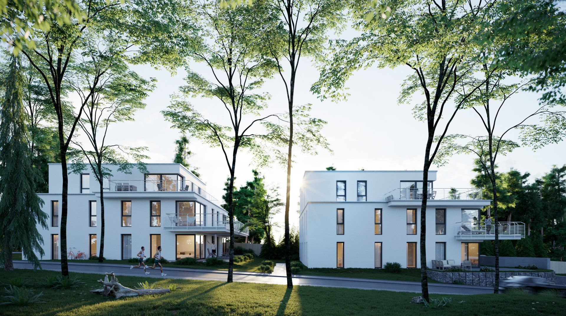 High End 3D Architekturvisualisierung zweier Luxus Einfamilienhäuser mit hohen Fenstern und Dachterrasse.