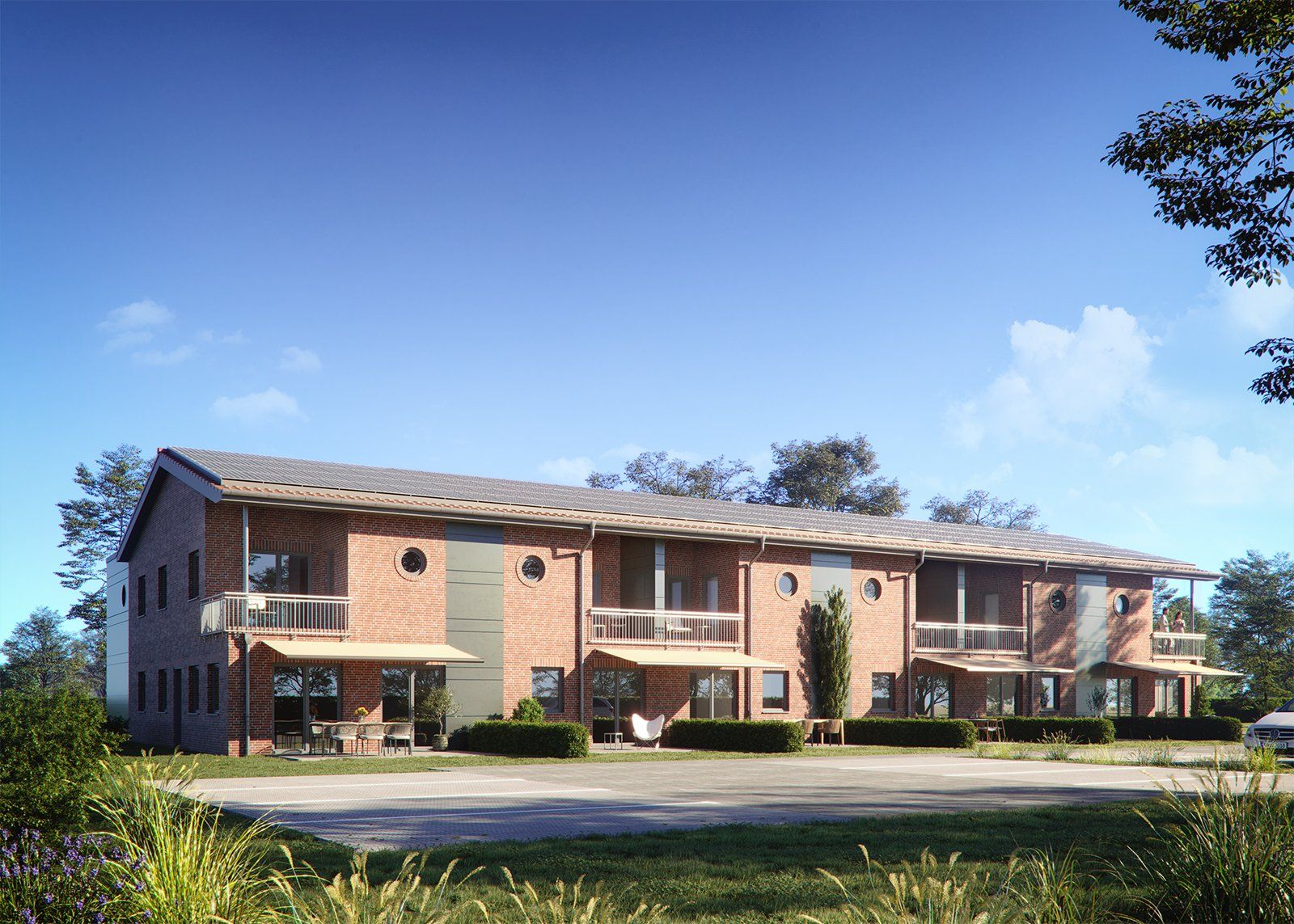 3D Architekturvisualisierung eines Mehrfamilienhaus aus Ziegel.