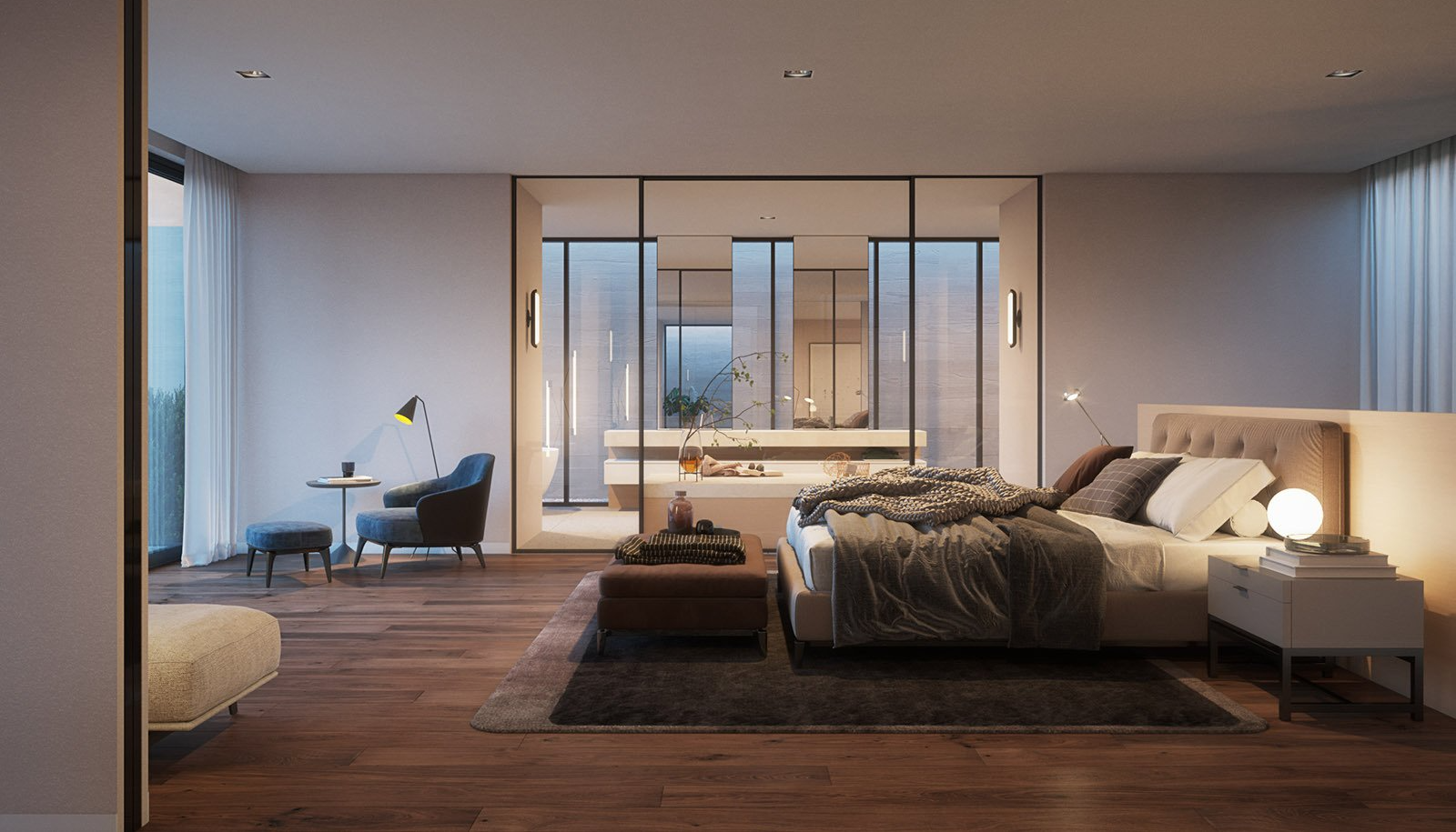 High End 3D Innenarchitektur Visualisierung des Wohnbereichs mit Glasfassade.