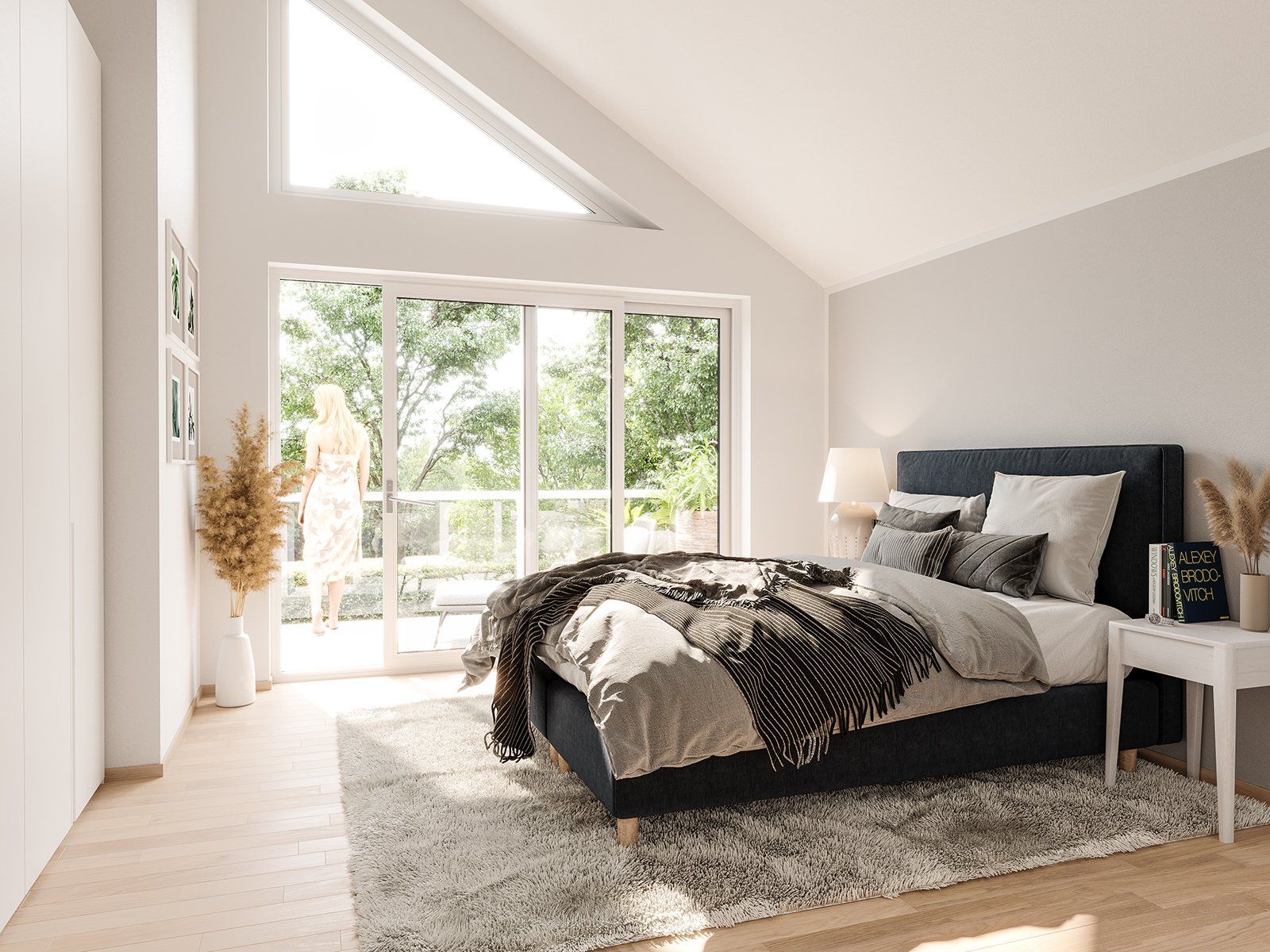 3D Immobilien: Innenarchitektur Visualisierung des Schlafzimmers mit Dachschräge.