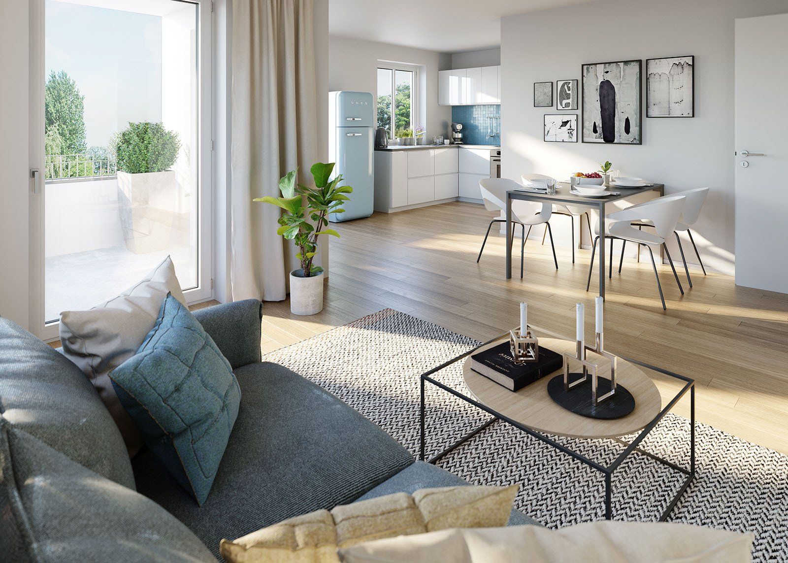 Architekturvisualisierung Wohnzimmer und Küche