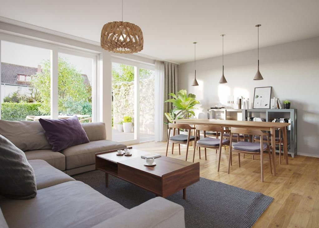 Innenarchitektur-Visualisierung von build: Wohn- und Esszimmer mit Blick auf die Terrasse.