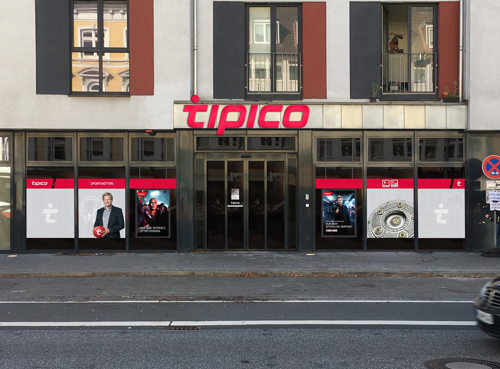 Fotomontage (Revitalisierung) einer Bestandsfassade zeigt die geplante Maßnahme.