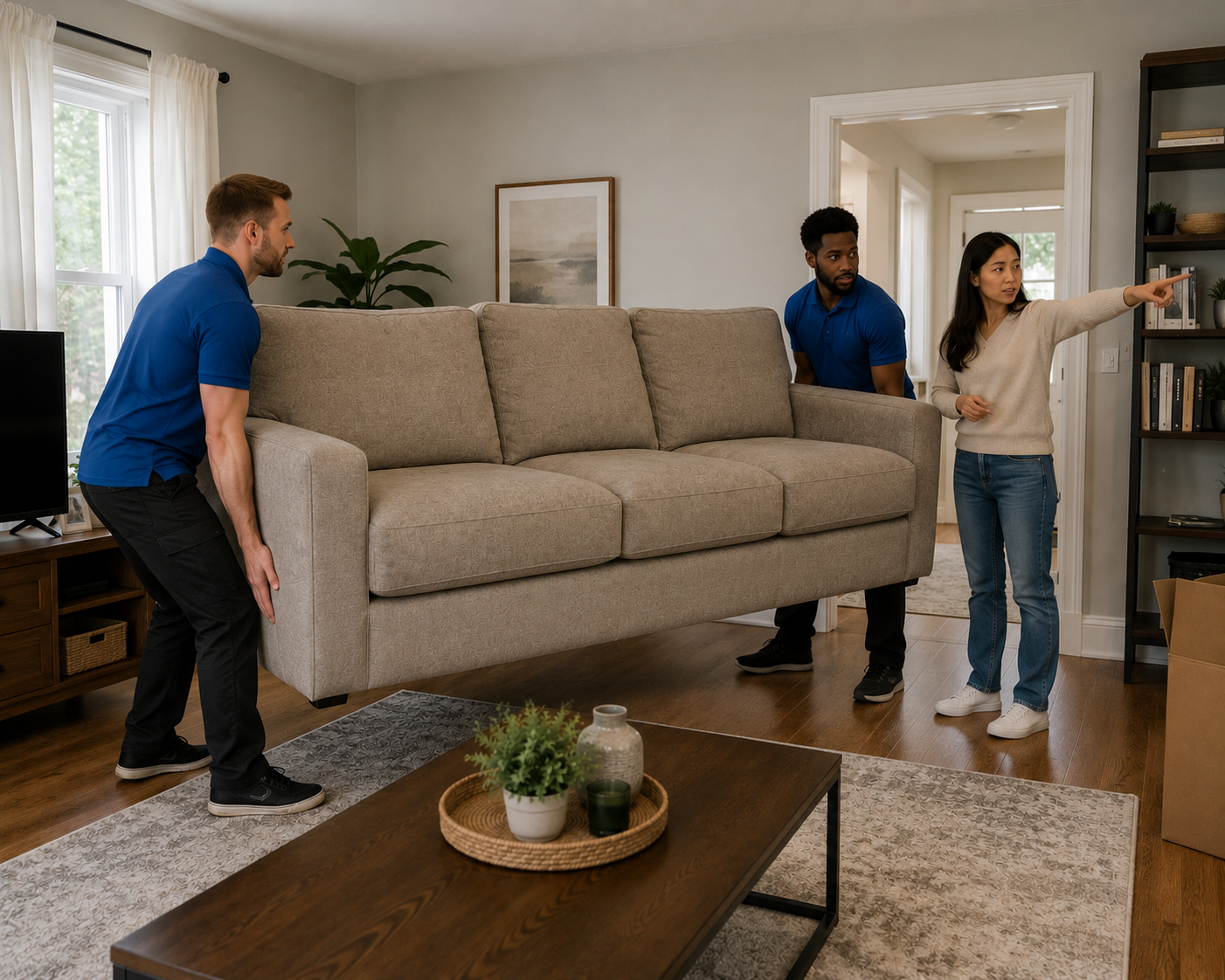 Three people carrying a beige couch through a living room, moving furniture together.