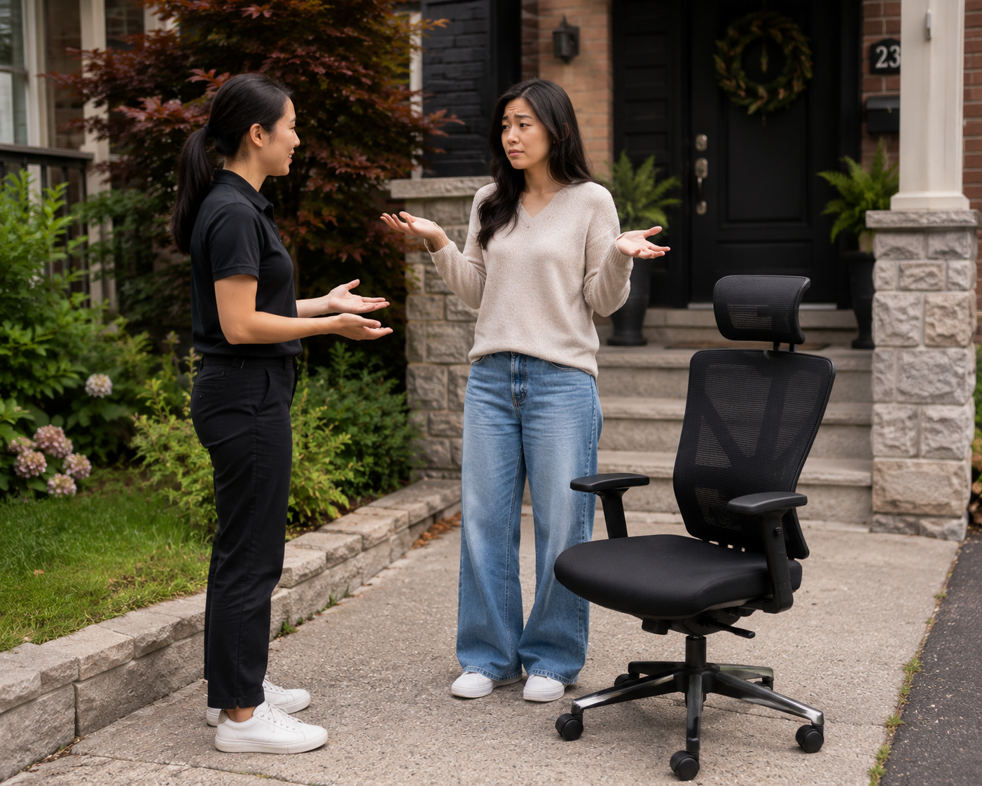 Two women talk on a driveway beside a black office chair outside a house.