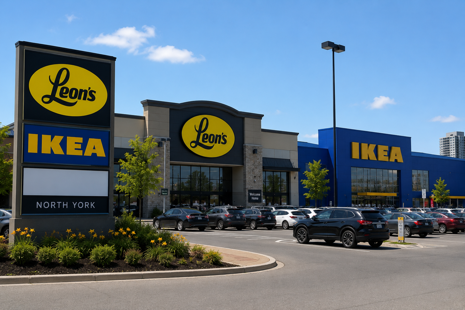 North York plaza with IKEA and Leon’s stores during busy furniture shopping season.