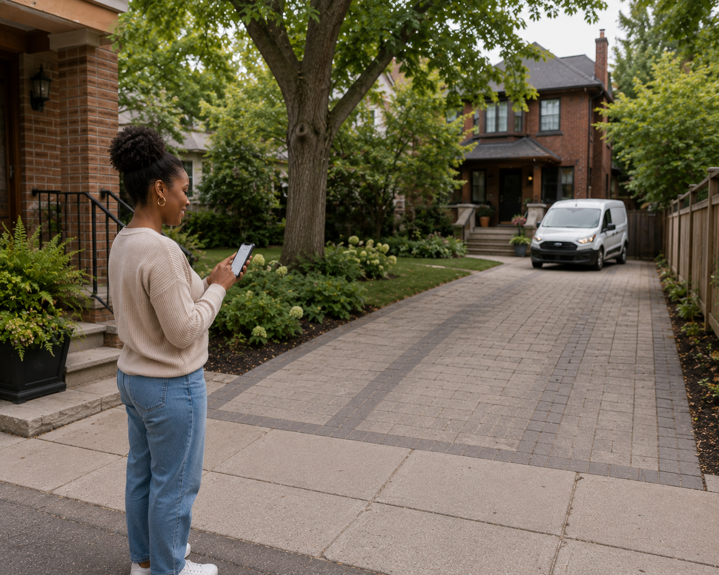 Person using a phone beside a brick driveway leading to a house, with a parked van and trees.