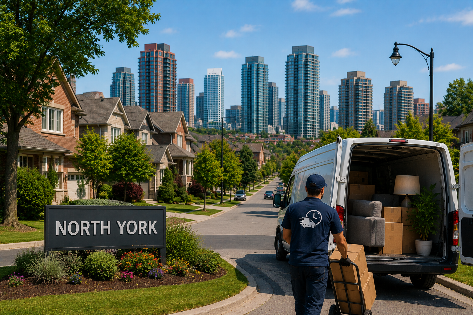 North York homes and condo towers with delivery van during busy Toronto summer season.