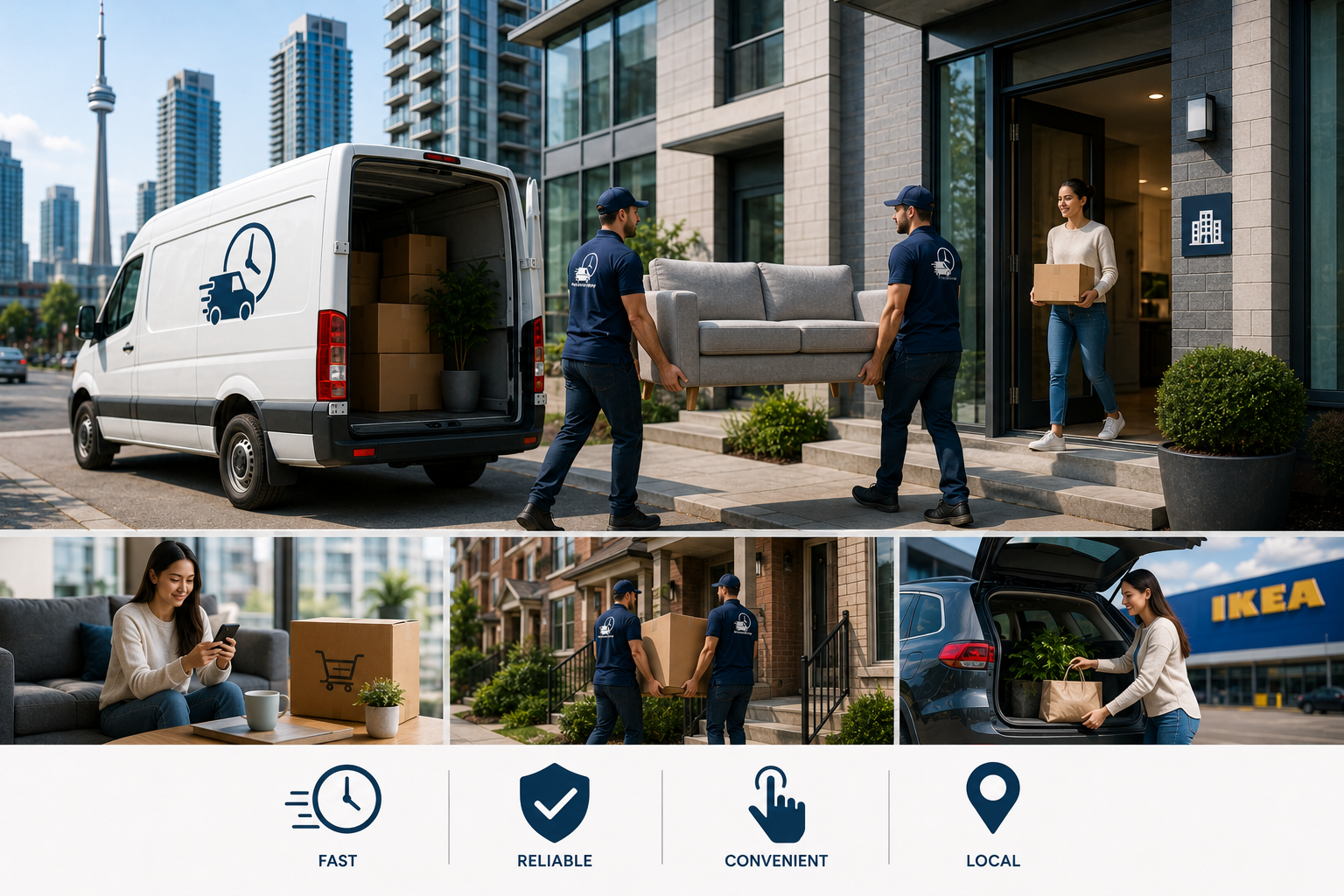 Toronto movers unloading furniture outside condo during busy summer moving season.