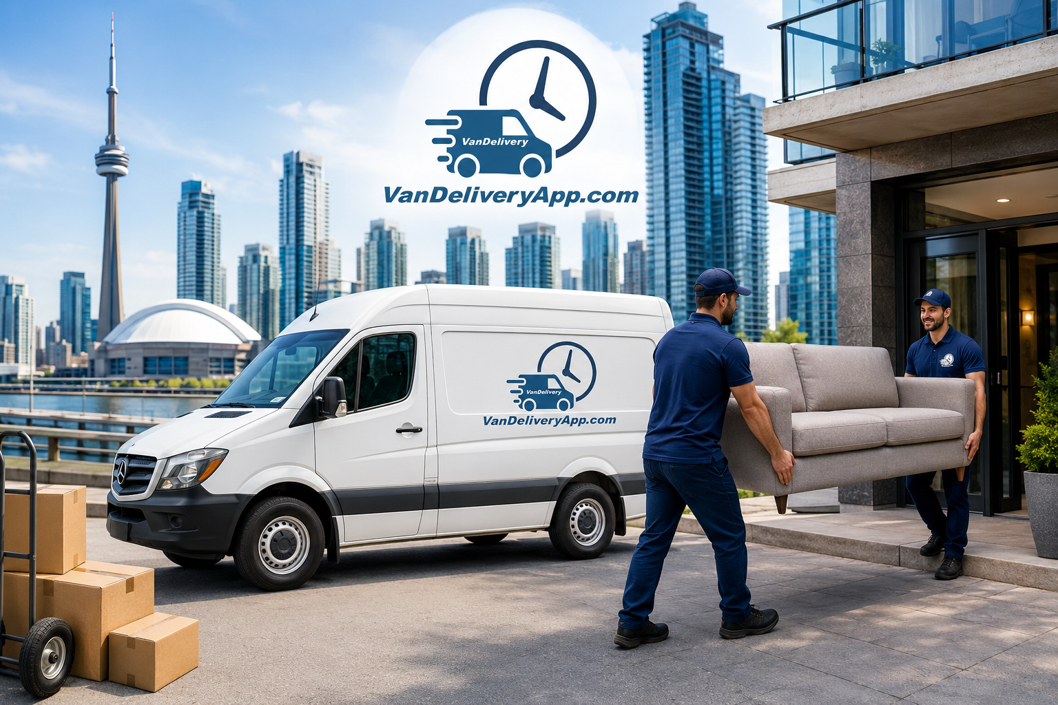 Movers unloading a couch from a white van beside a city skyline and stacked boxes