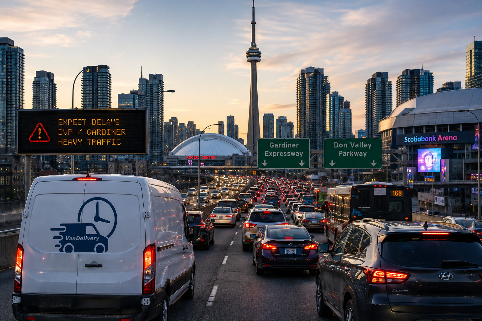 Toronto traffic jam near the CN Tower with delivery van on Gardiner Expressway.