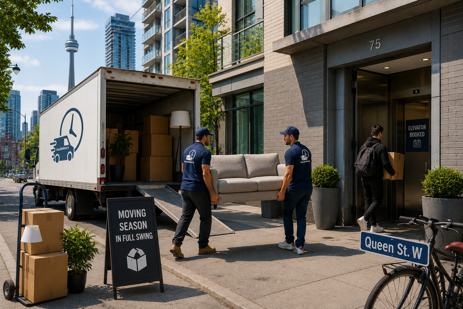 Toronto movers unloading furniture outside condo during busy summer moving season.