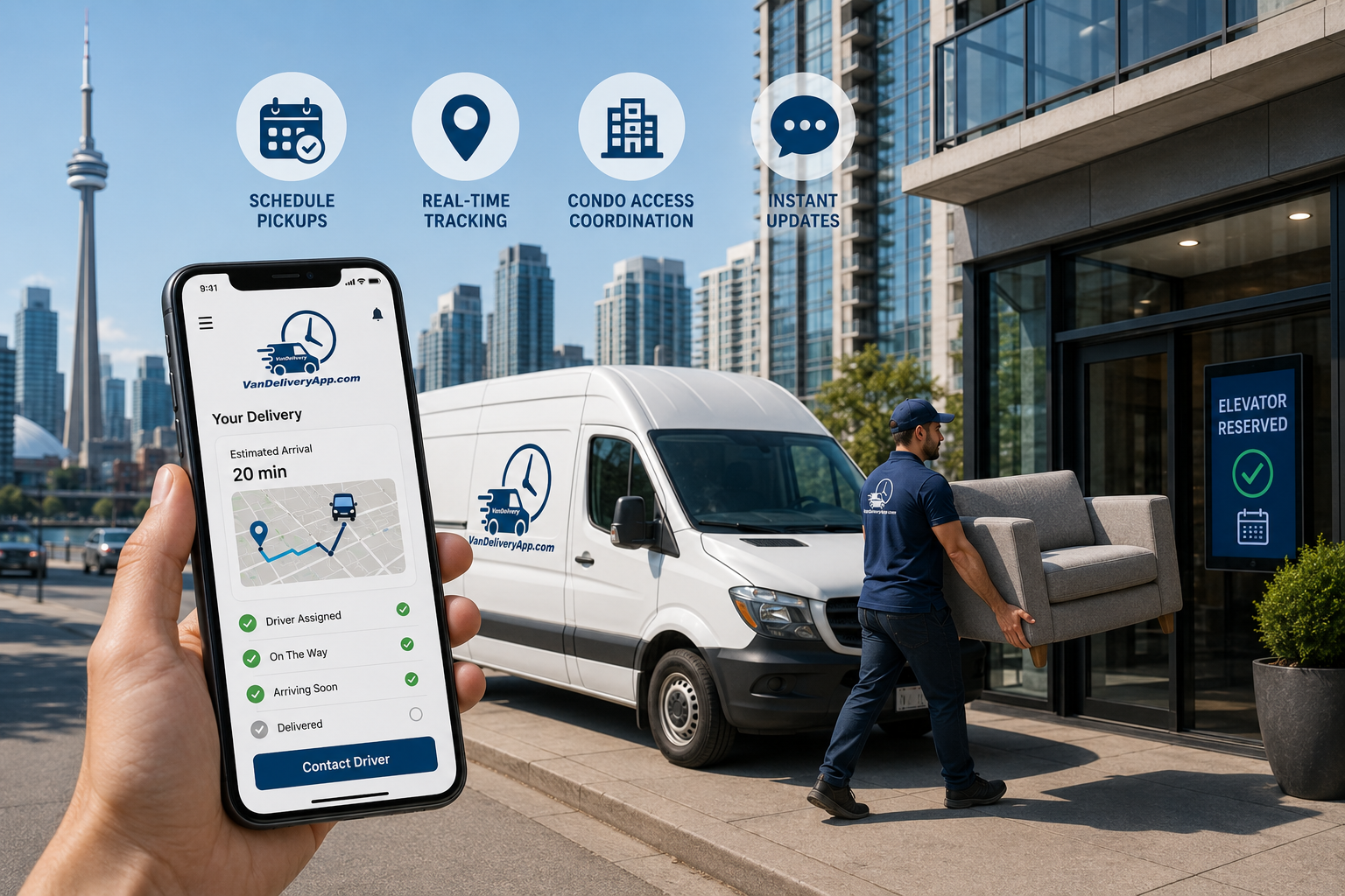 Toronto delivery app tracking furniture move outside downtown condo building.
