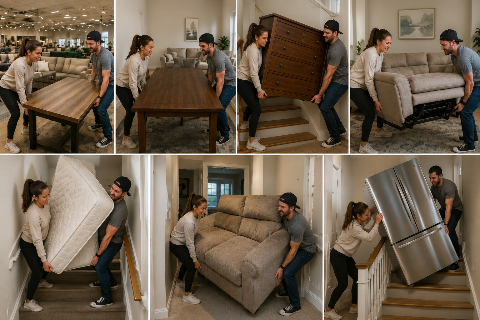 People moving a sofa, mattress, table, and refrigerator through a home doorway and hallway.