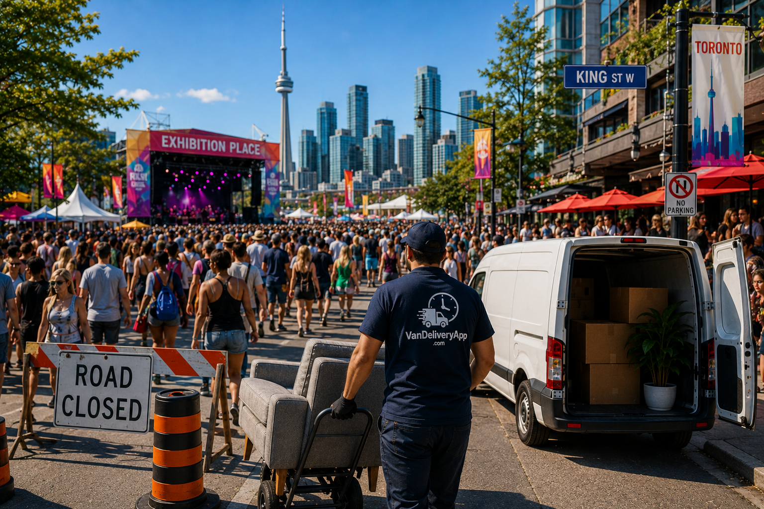 Toronto summer festival crowds and delivery delays near Exhibition Place and King Street West.