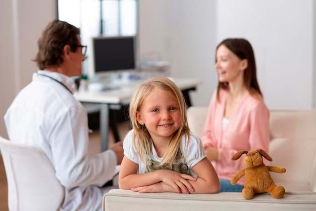 Smiling girl at a doctor's office with her mom, doctor in the background.