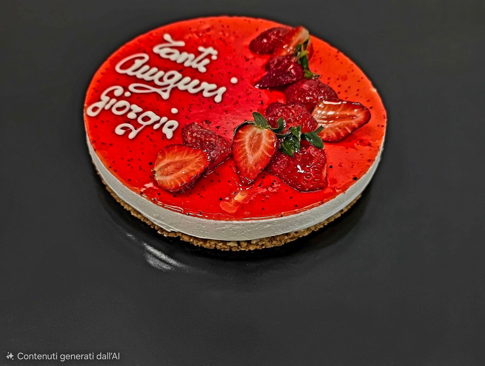 Torta rossa alla fragola con scritta bianca sulla parte superiore, decorata con fette di fragola su una superficie scura.