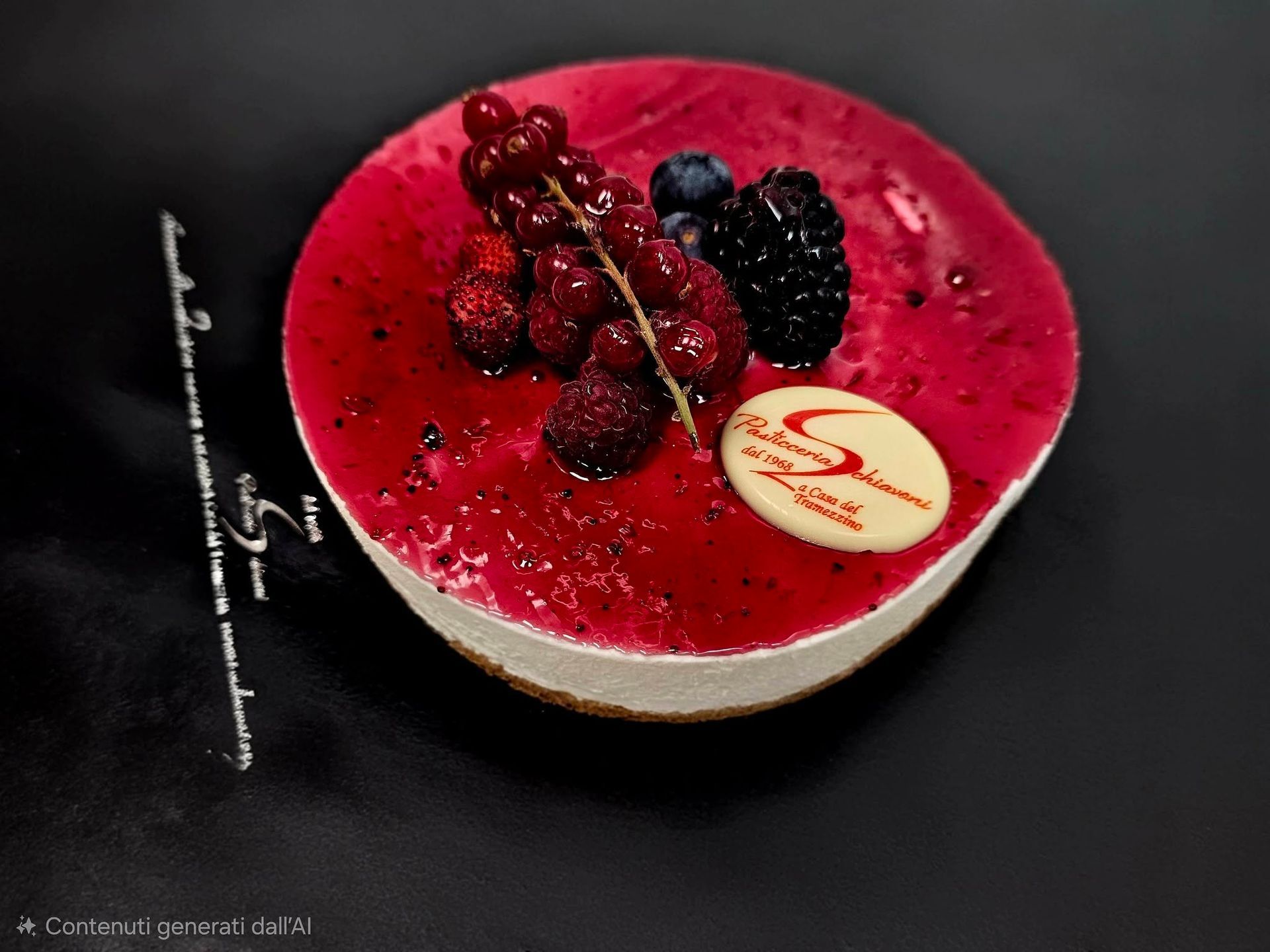 Cheesecake ai frutti rossi guarnita con lamponi, more e una decorazione al cioccolato su sfondo scuro.
