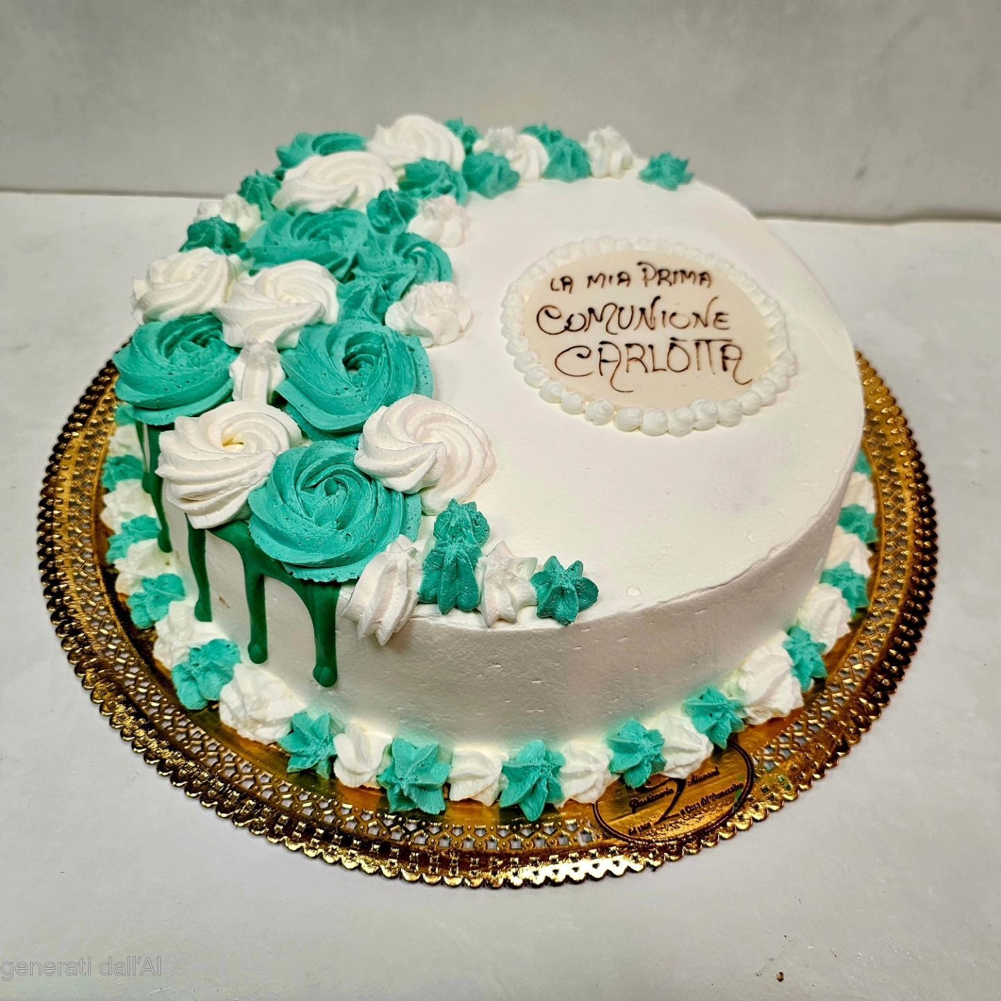 Torta di compleanno bianca con rosette turchesi e bianche e glassa che cola su una base dorata, con la scritta