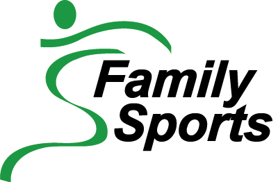 Groen en zwart "Family Sports"-logo met een gestileerde figuur en vloeiende, gebogen lijnen.
