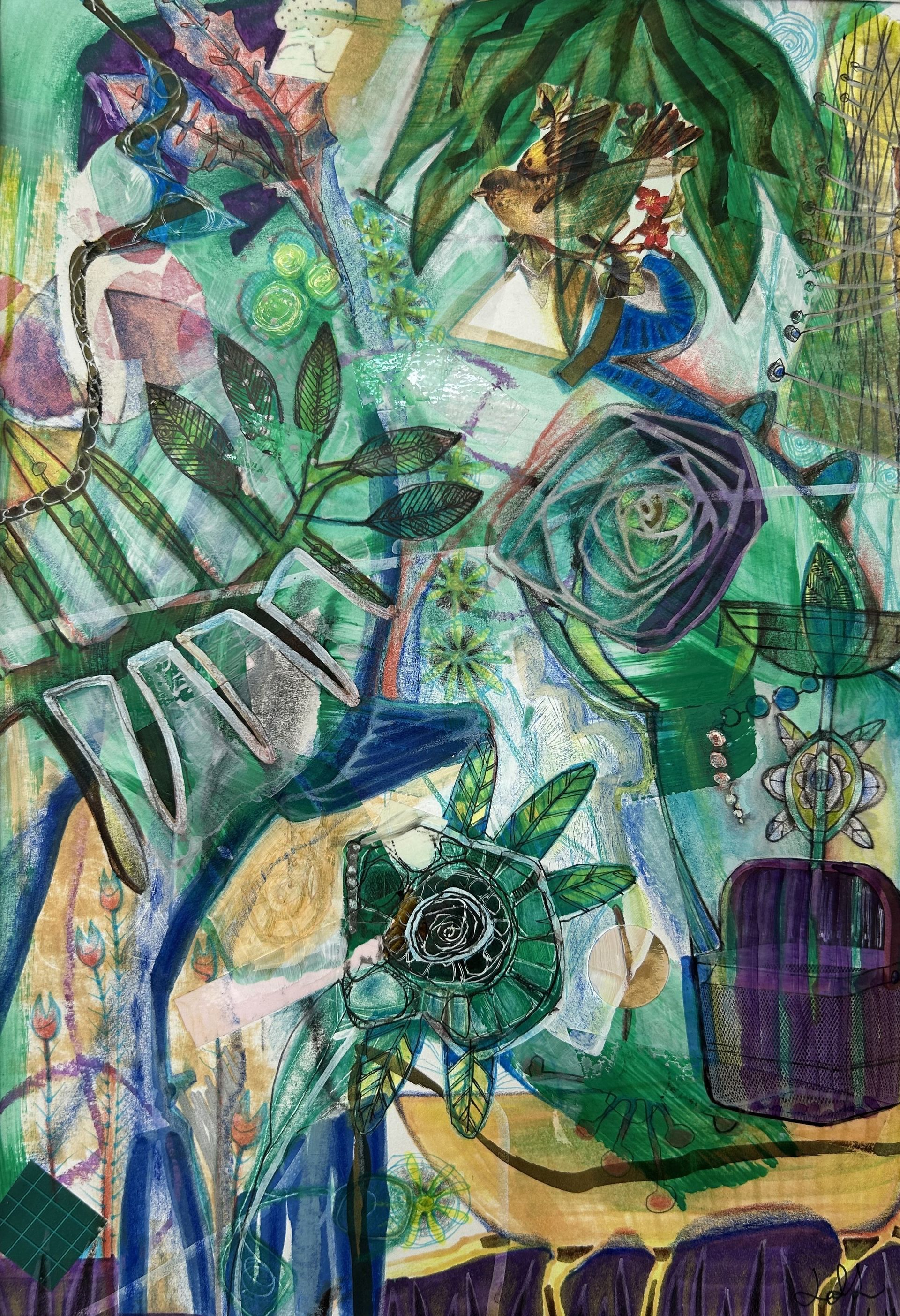Abstracte groen-blauwe collage met overlappende bladeren, bloemen en geometrische vormen op een gestructureerde achtergrond.