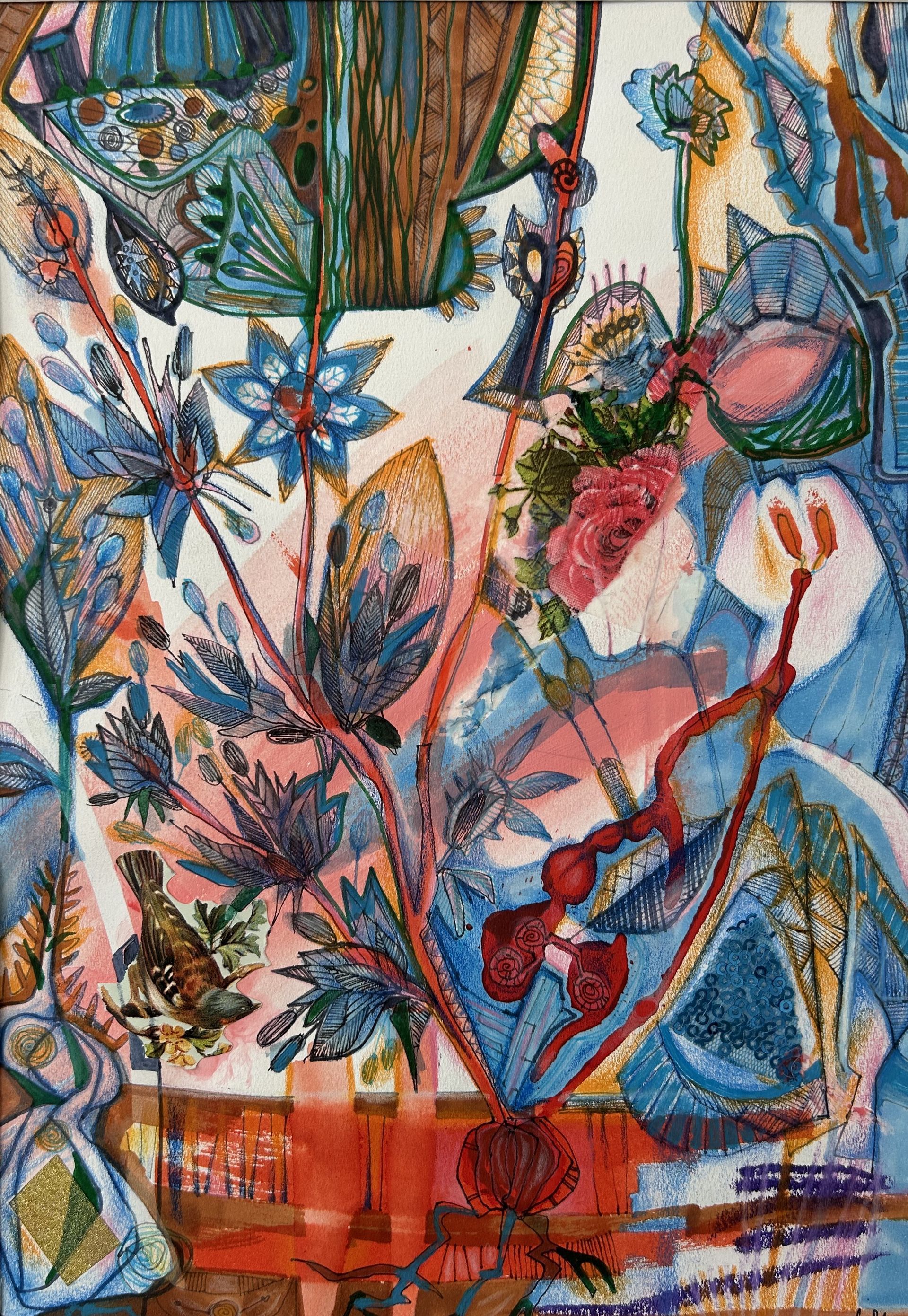 Abstracte bloemenschilderij met blauwe, roze, oranje en rode bloesems en bladeren op een gestructureerde achtergrond.