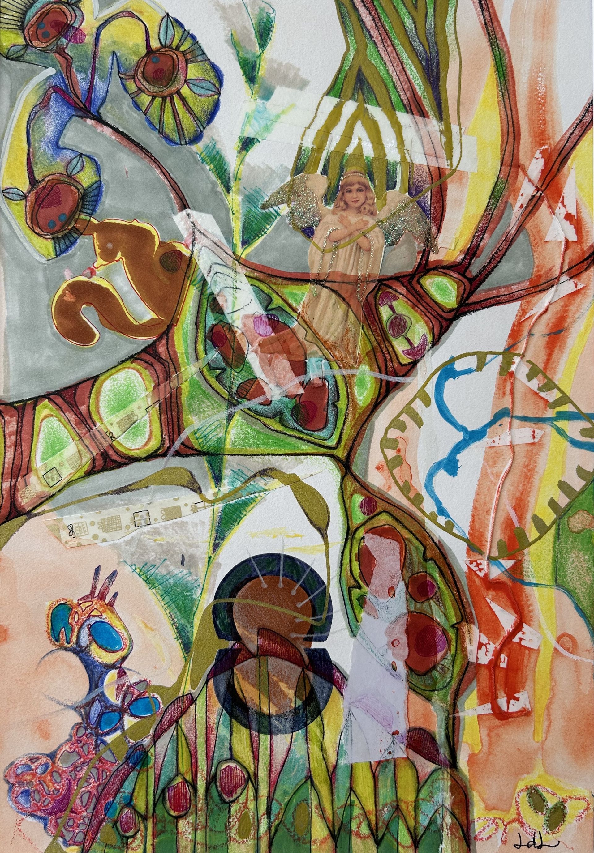 Kleurrijke abstracte collage met gelaagde verf, uitgesneden vormen, bloemen en wervelende lijnen.
