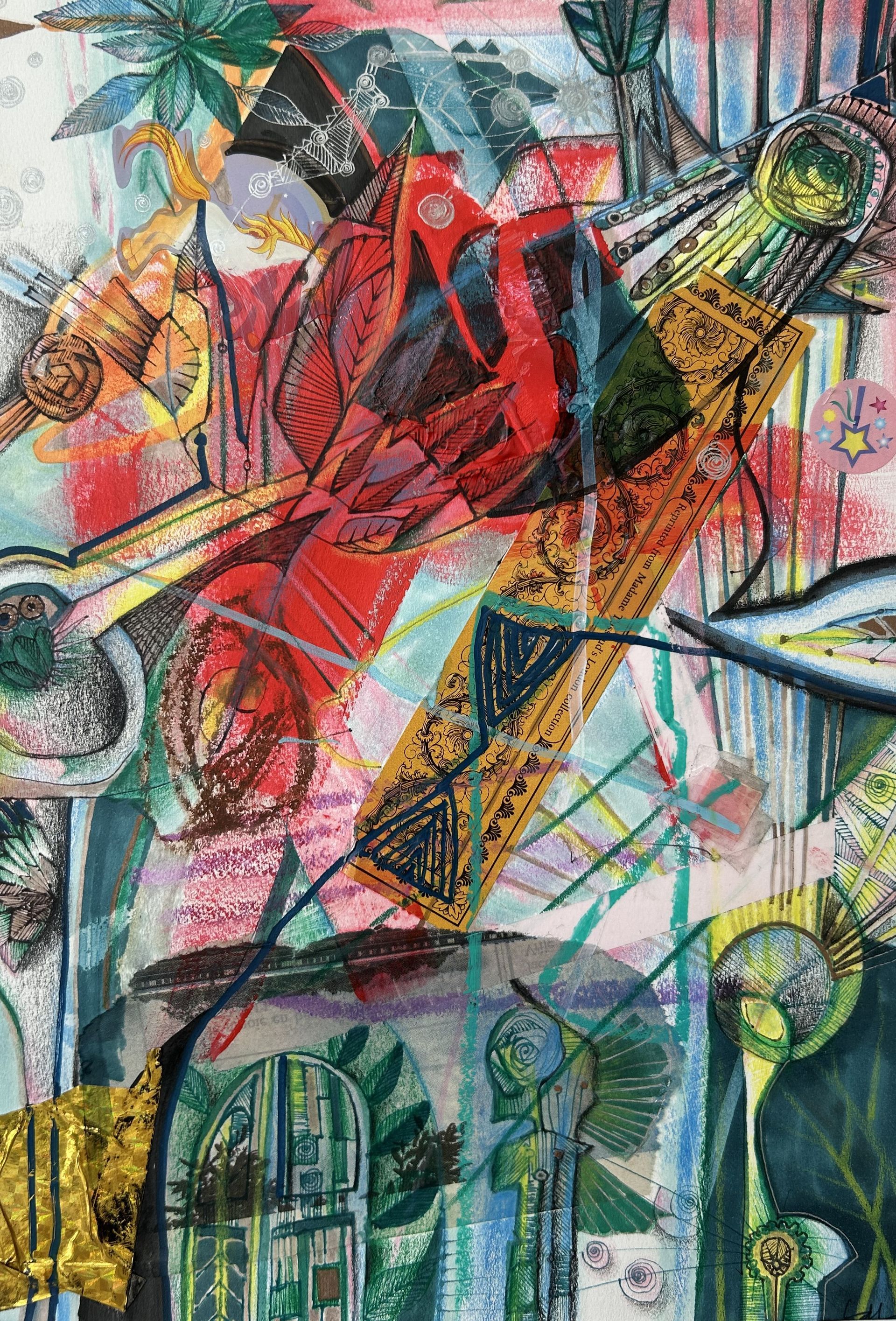 Abstracte, kleurrijke collage met rode, groene en gele vormen over gelaagde, schetsachtige figuren en stadsgezichten.