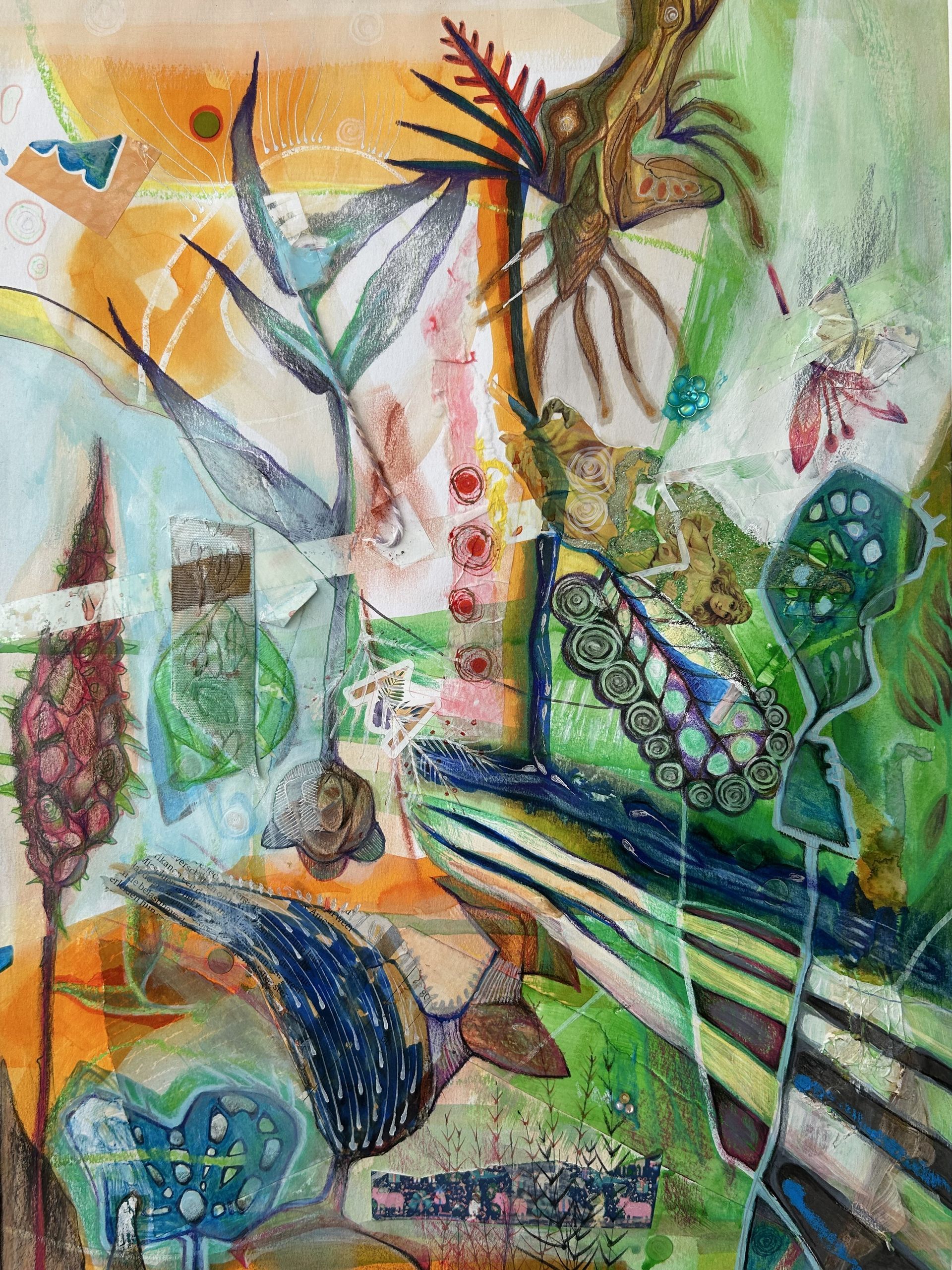 Abstracte botanische schildering met kleurrijke bloemen, bladeren en een libelle op een gestructureerde achtergrond.