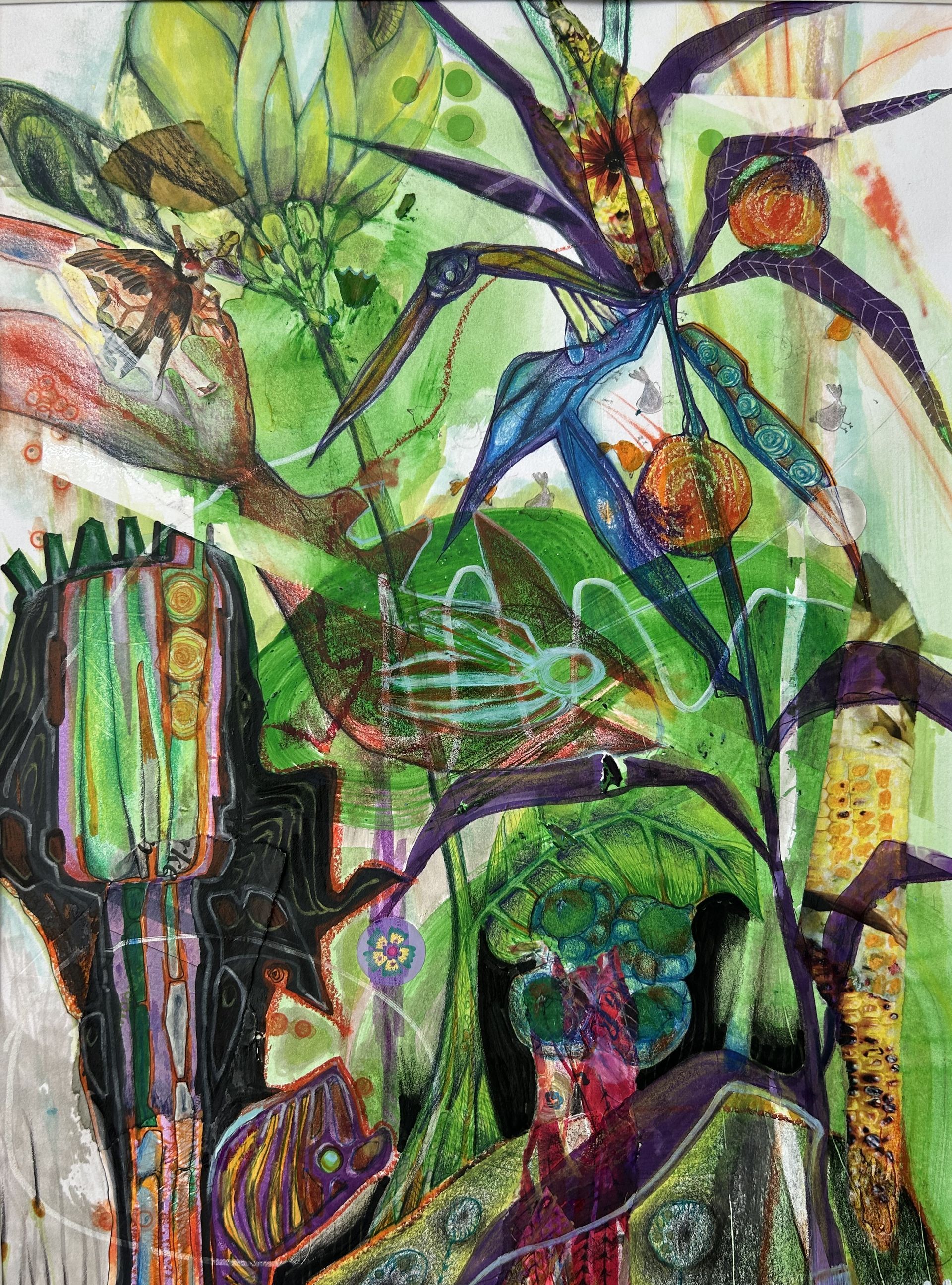Abstracte aquarel van groene tropische planten met paarse stengels en oranje, vruchtachtige accenten.