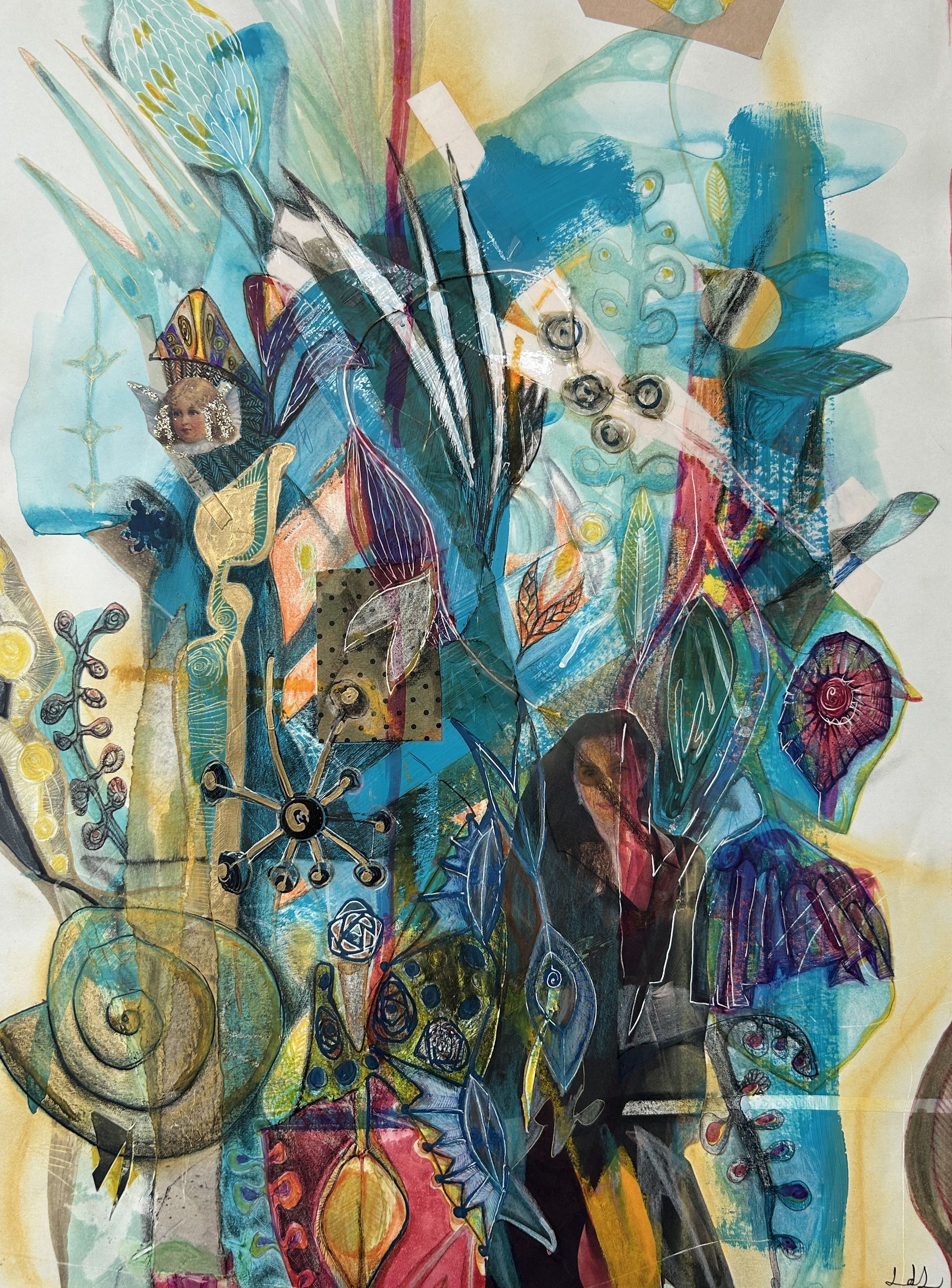 Abstracte, kleurrijke botanische schildering met bloemen, bladeren en blauwe, rode en oranje penseelstreken.