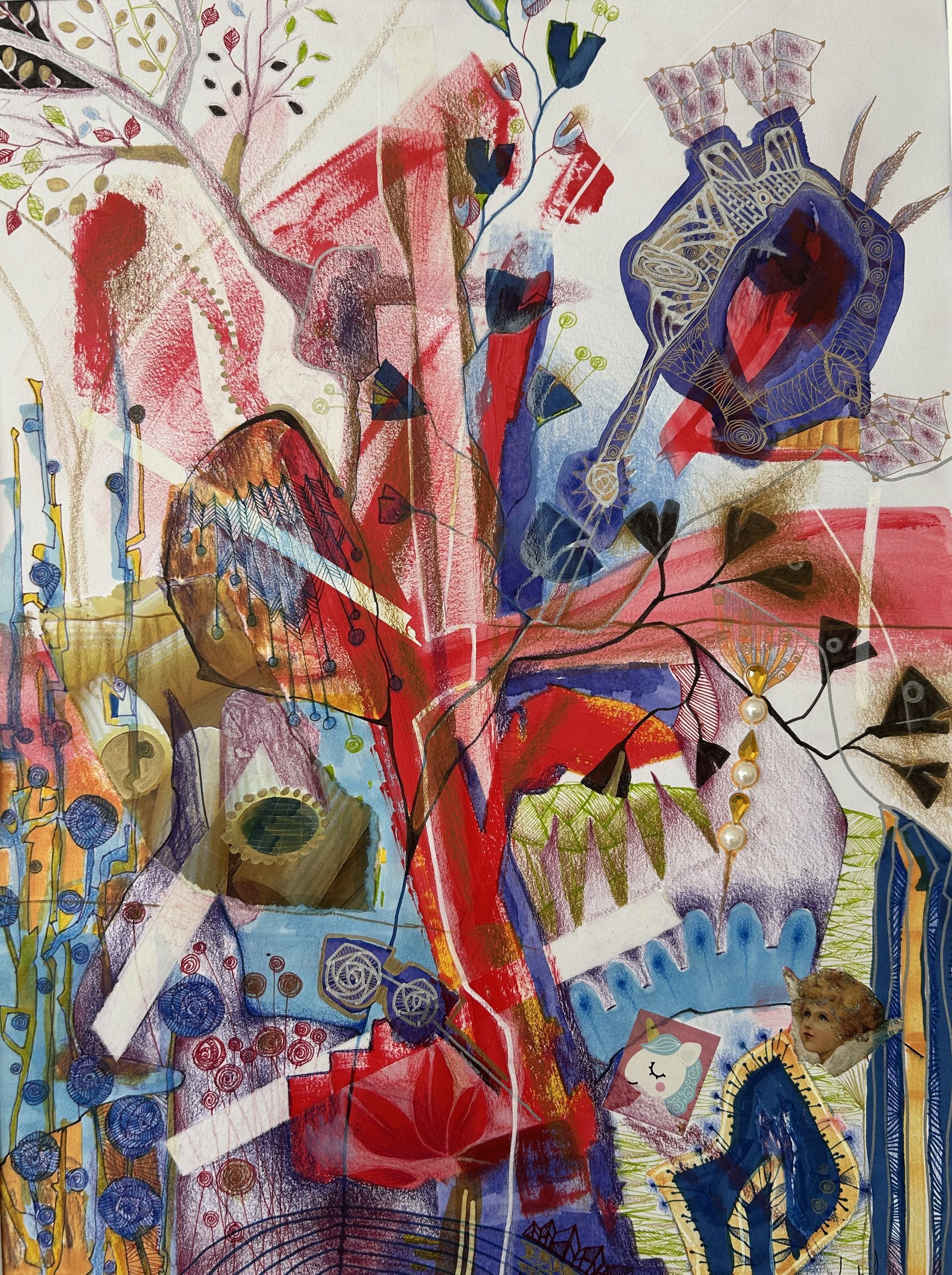 Abstracte, kleurrijke botanische schildering met bloemen, bladeren en een centrale rood-oranje vorm op een witte achtergrond.