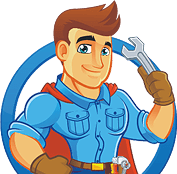 A cartoon man is holding a wrench in his hand