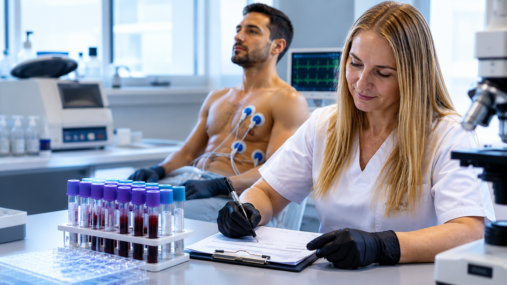 Técnico de laboratorio escribiendo en una mesa de laboratorio junto a tubos de muestras de sangre