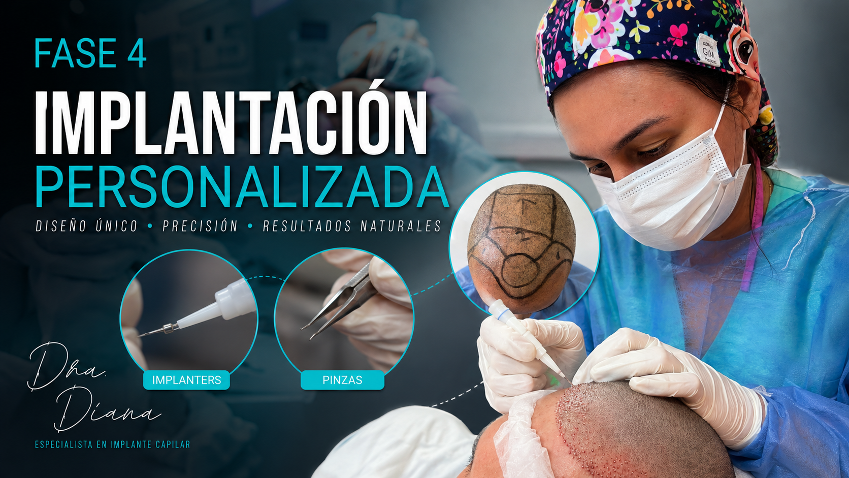 Fase 4: implantación personalizada; dentista coloca un implante dental con imagen de resultado.
