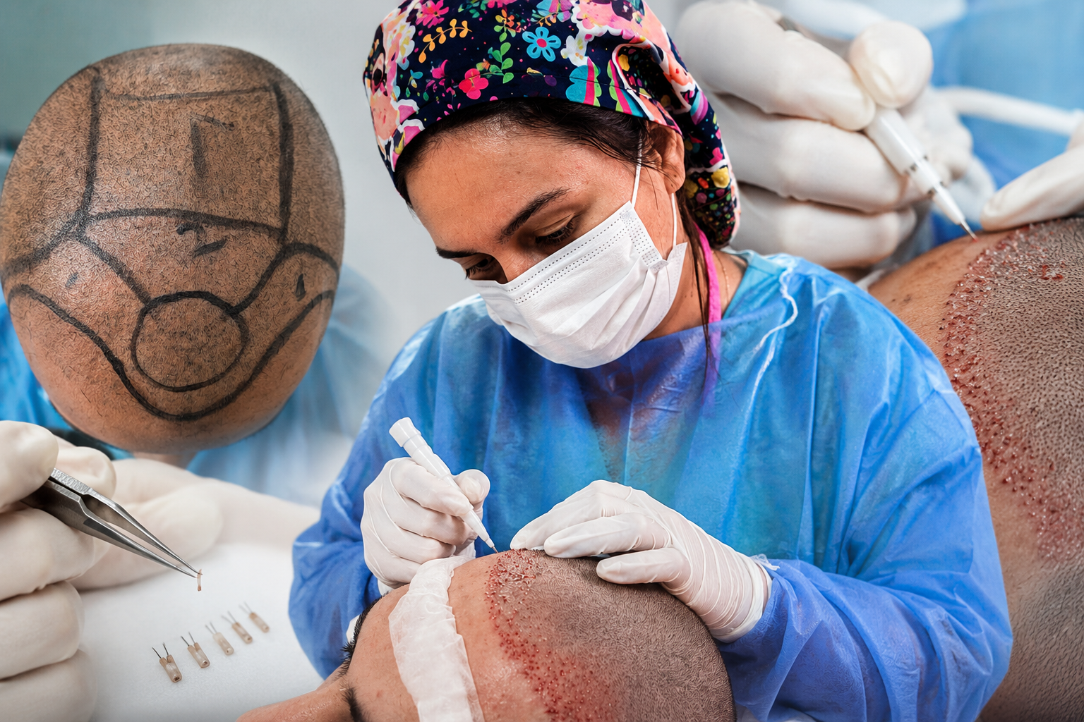 Profesional sanitario con bata azul y mascarilla tratando el cuero cabelludo de un paciente en una clínica.