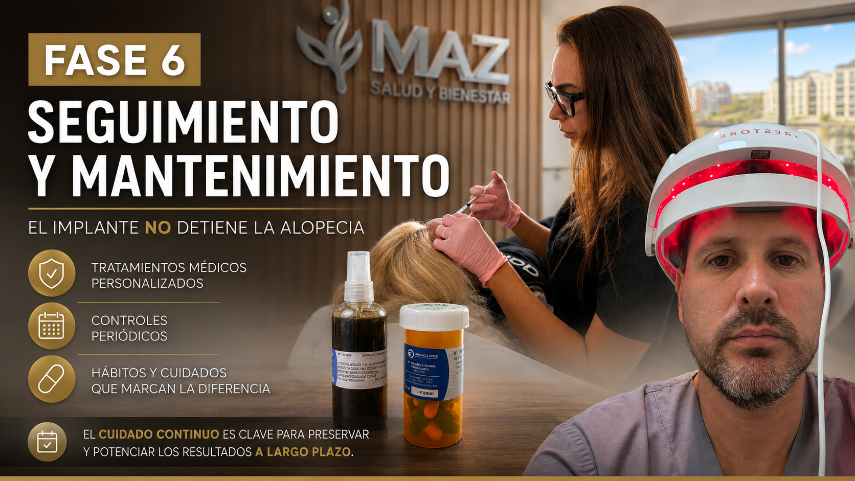 Fase 6 de seguimiento y mantenimiento, con frascos de suplemento, mujer en laptop y hombre con gorra roja.